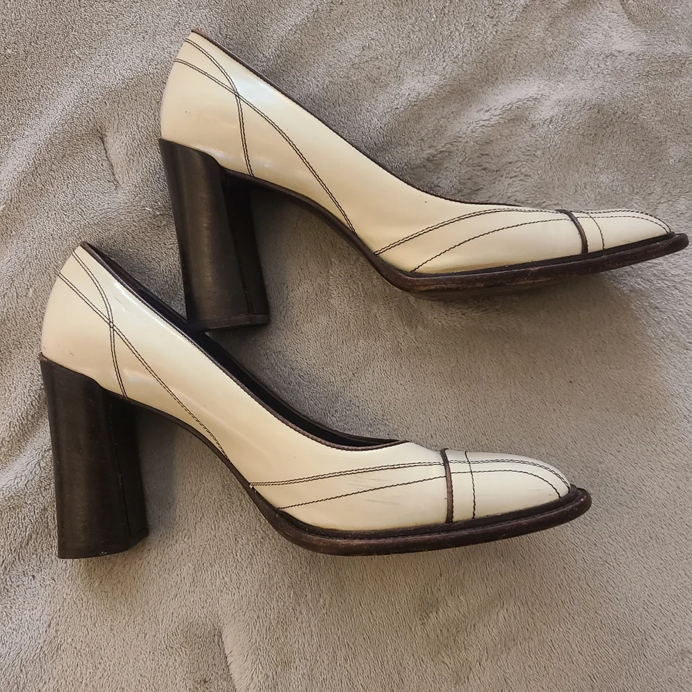 Prada block heels, cream with brown stiching, 38.5 - Picture 5 of 6